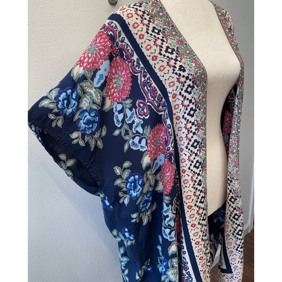 Angie Kimono Wrap Cardigan Womens Size S Blue Floral Open Front - Picture 4 of 7